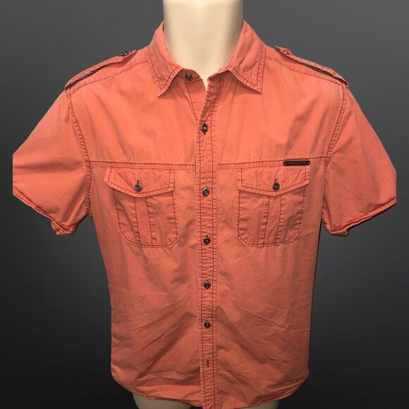 Rock Republic Faded Orange Peach Button Up Short Sleeve Shirt Size Small #91 - Picture 3 of 7